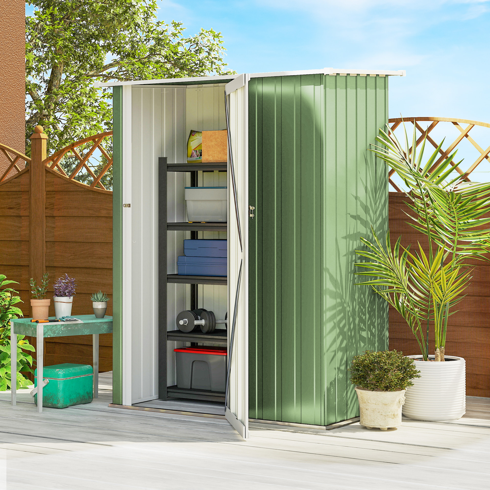 Caseta de Jardín 1,07 m² 142x86x189 cm Cobertizo Exterior Metálico con Puerta Cerradura y Orificios de Drenaje para Almacenamiento de Herramientas Verde Claro