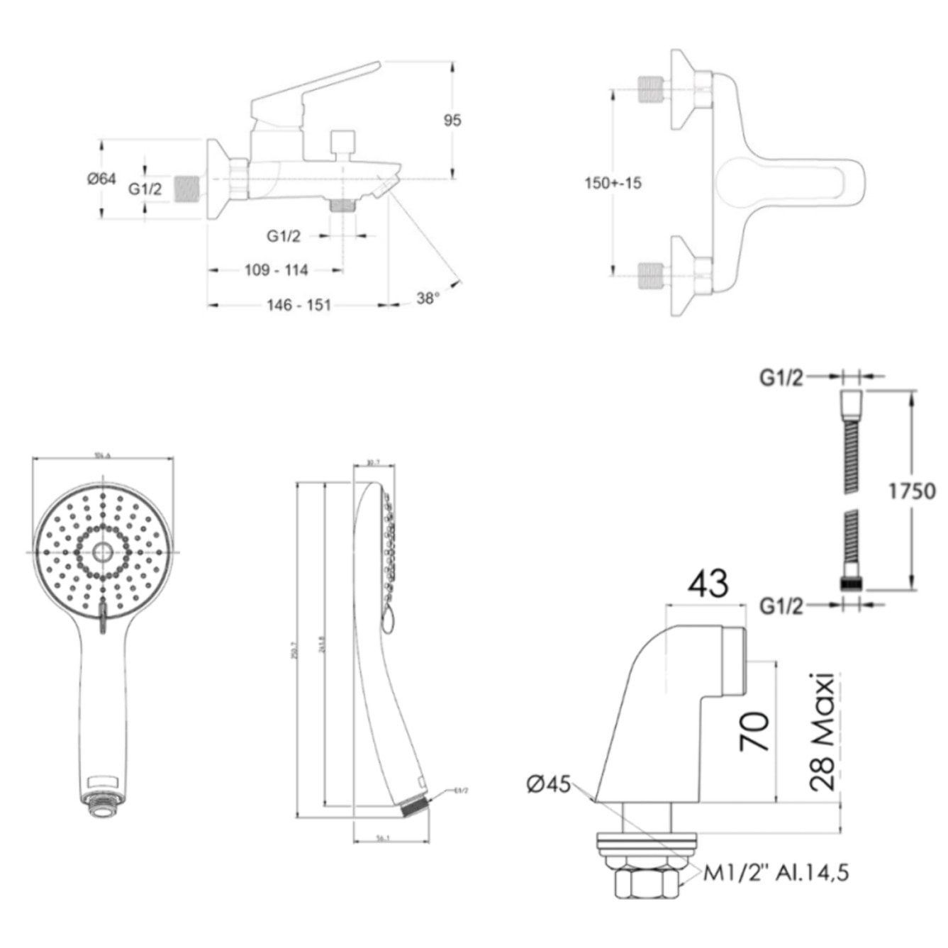 Mitigeur baignoire Aimé + pommeau de douche Juliette + flexible de douche métal + colonnettes