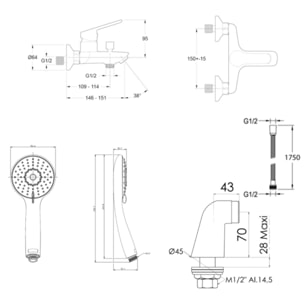 Mitigeur baignoire Aimé + pommeau de douche Juliette + flexible de douche métal + colonnettes