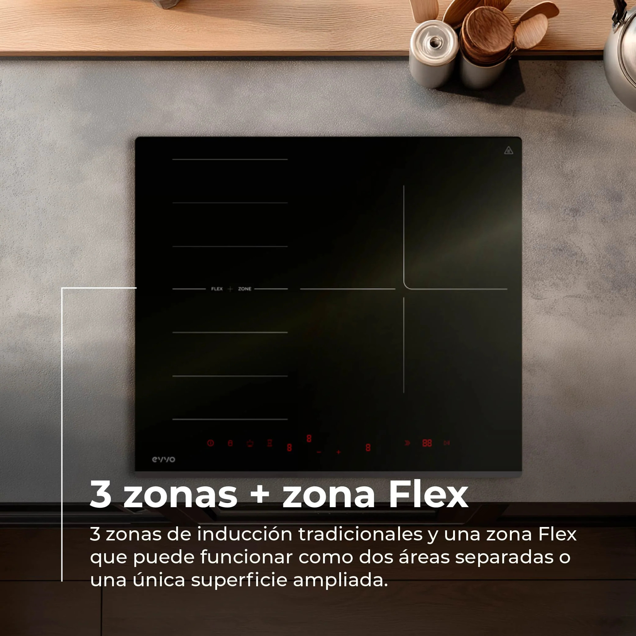 Placa de Inducción EVVO V62, 4 zonas (incluye zona flexible), 7200W, Booster, control táctil, cristal negro