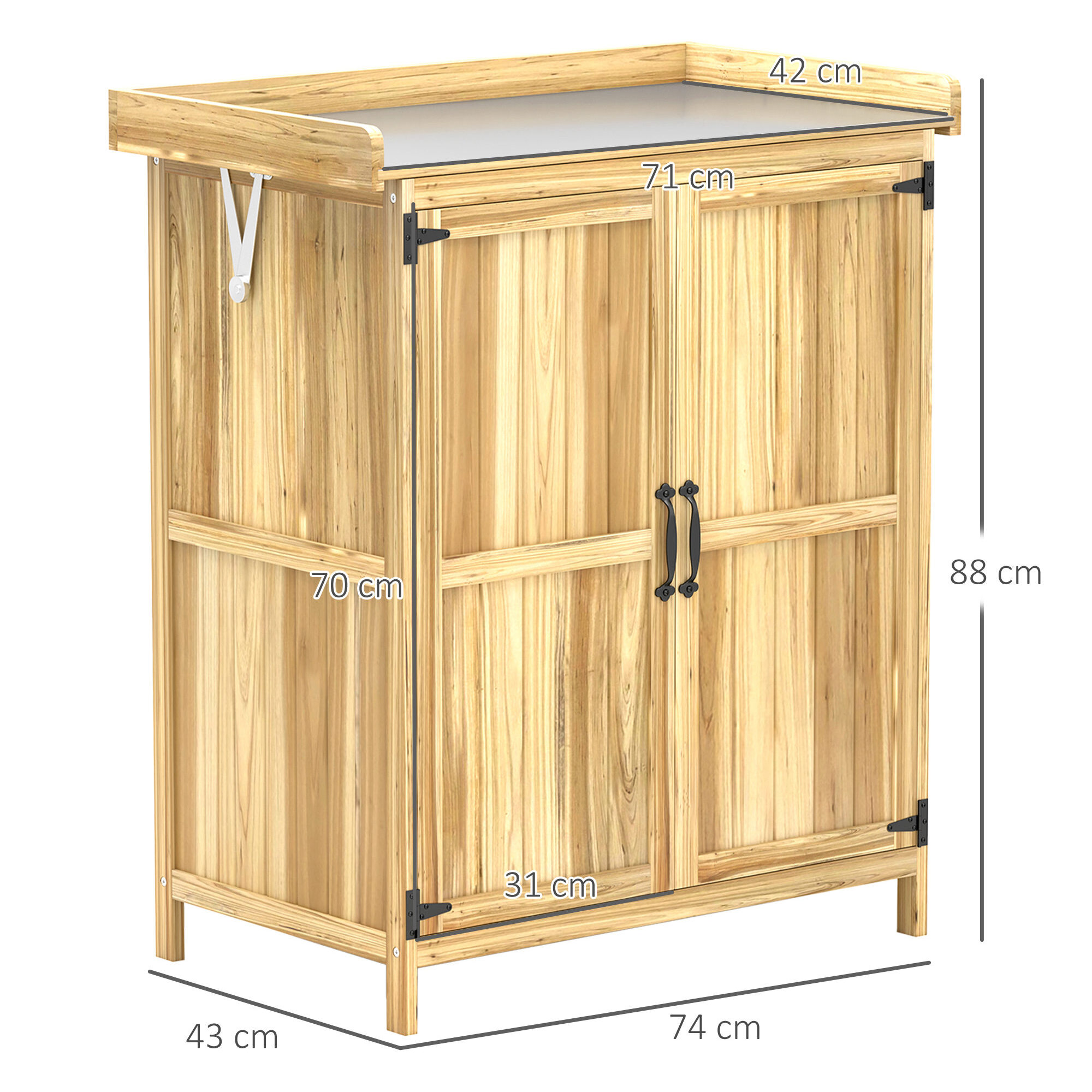 Armario de Exterior de Madera, Caseta de Jardín Exterior con Techo Abatible de Acero Inoxidable, Estante, 2 Puertas, Cobertizo de Jardín para Almacenamiento Herramientas, 74x43x88 cm, Natural
