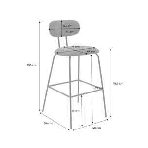 Tabouret de bar décor bois courbé teinté noyer et tissu déperlant pieds métal noir 76,5cm (lot de 2) ERIN