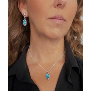 Conjunto colgante y pendientes de lagrá­ma en zamak chapado plata de ley y cristal facetado en azul .