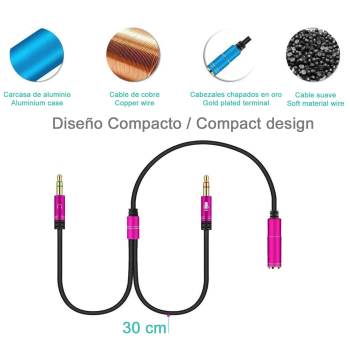 Splitter conversor de minijack (hembra) a doble minijack macho (micrófono y altavoz). Utiliza auriculares con micro incorporado y minijack simple en tu PC.