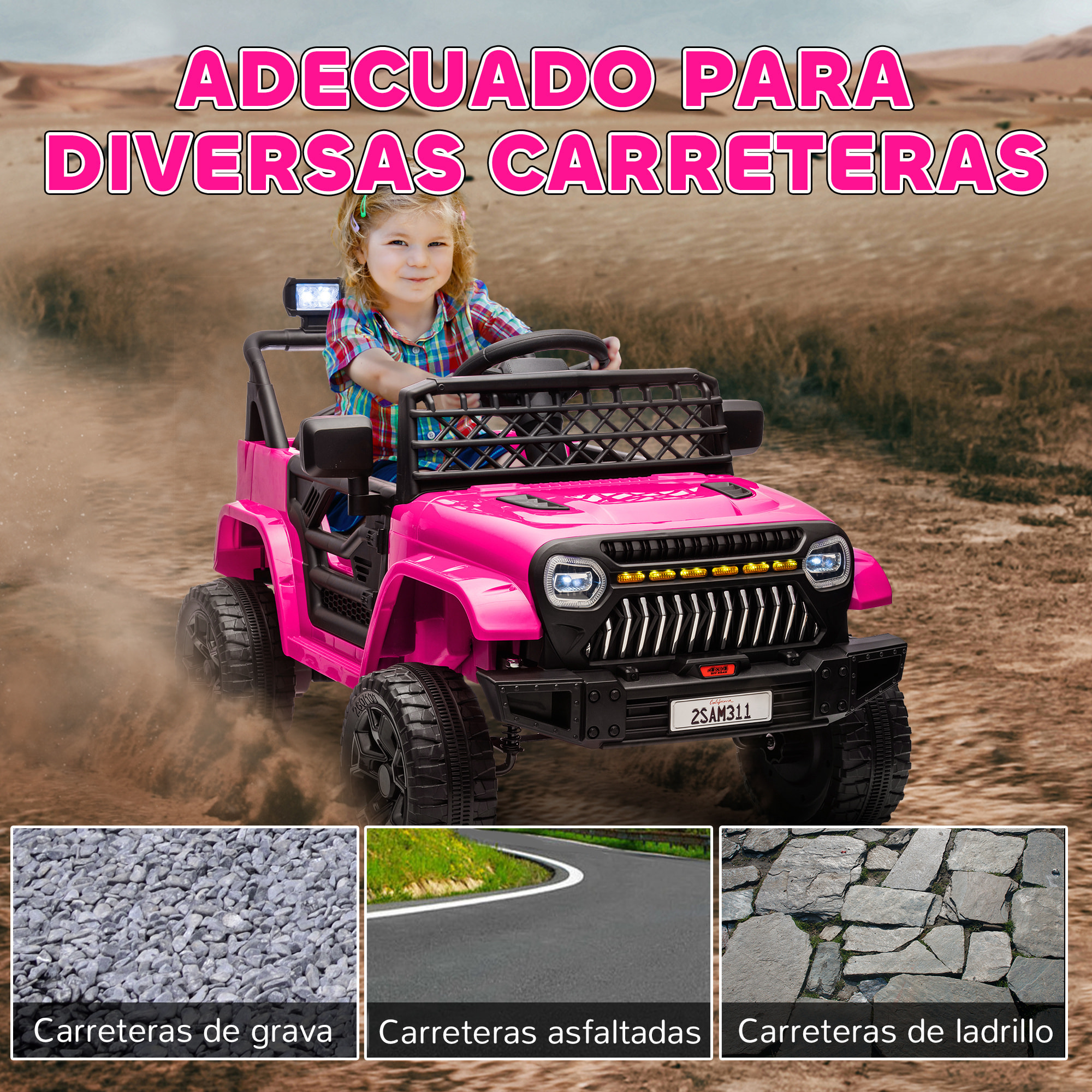 Coche Eléctrico para Niños de +3 Años Coche Eléctrico Infantil de Batería 12V con Mando a Distancia Velocidad Ajustable USB Faros Bocina Rosa Fucsia