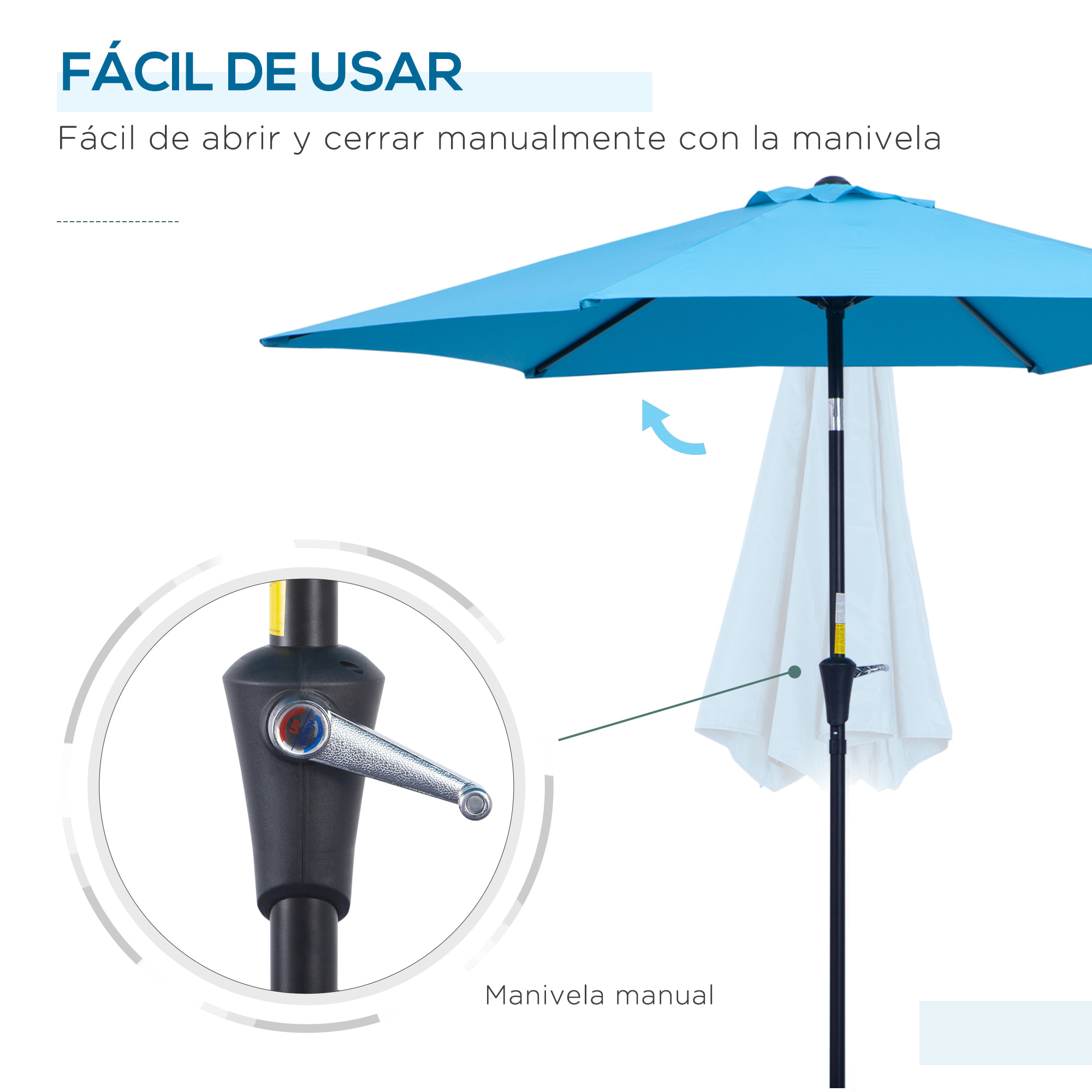 Sombrilla de Jardín, Ø260x235 cm, Parasol de Jardín Reclinable con Manivela, Poste Desmontable de Aluminio y 6 Varillas de Metal, para Terraza, Exterior, Balcón, Azul