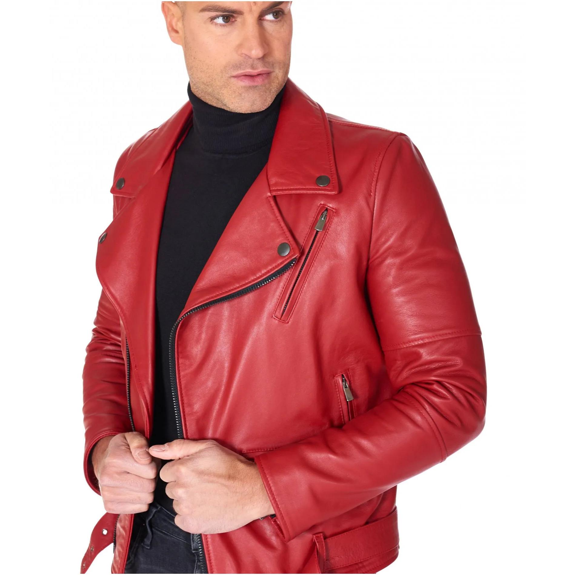 Chiodo biker in pelle rossa con cintura effetto liscio