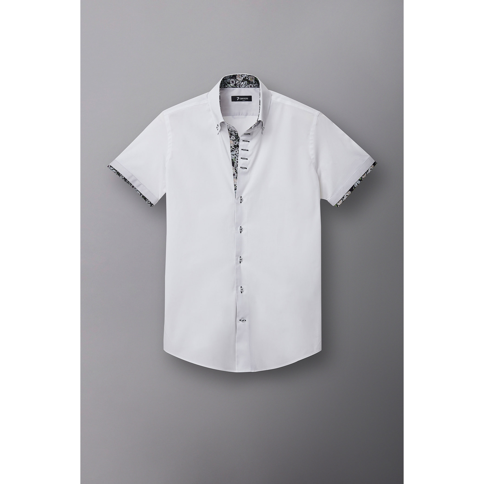 Camicia Uomo Manica Corta 2 Bottoni Button Down 7 Botto Popeline Stretch Unito Bianco