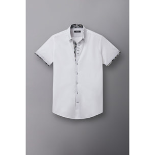 Camicia Uomo Manica Corta 2 Bottoni Button Down 7 Botto Popeline Stretch Unito Bianco