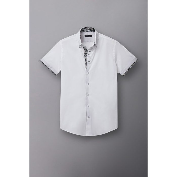 Camicia Uomo Manica Corta 2 Bottoni Button Down 7 Botto Popeline Stretch Unito Bianco
