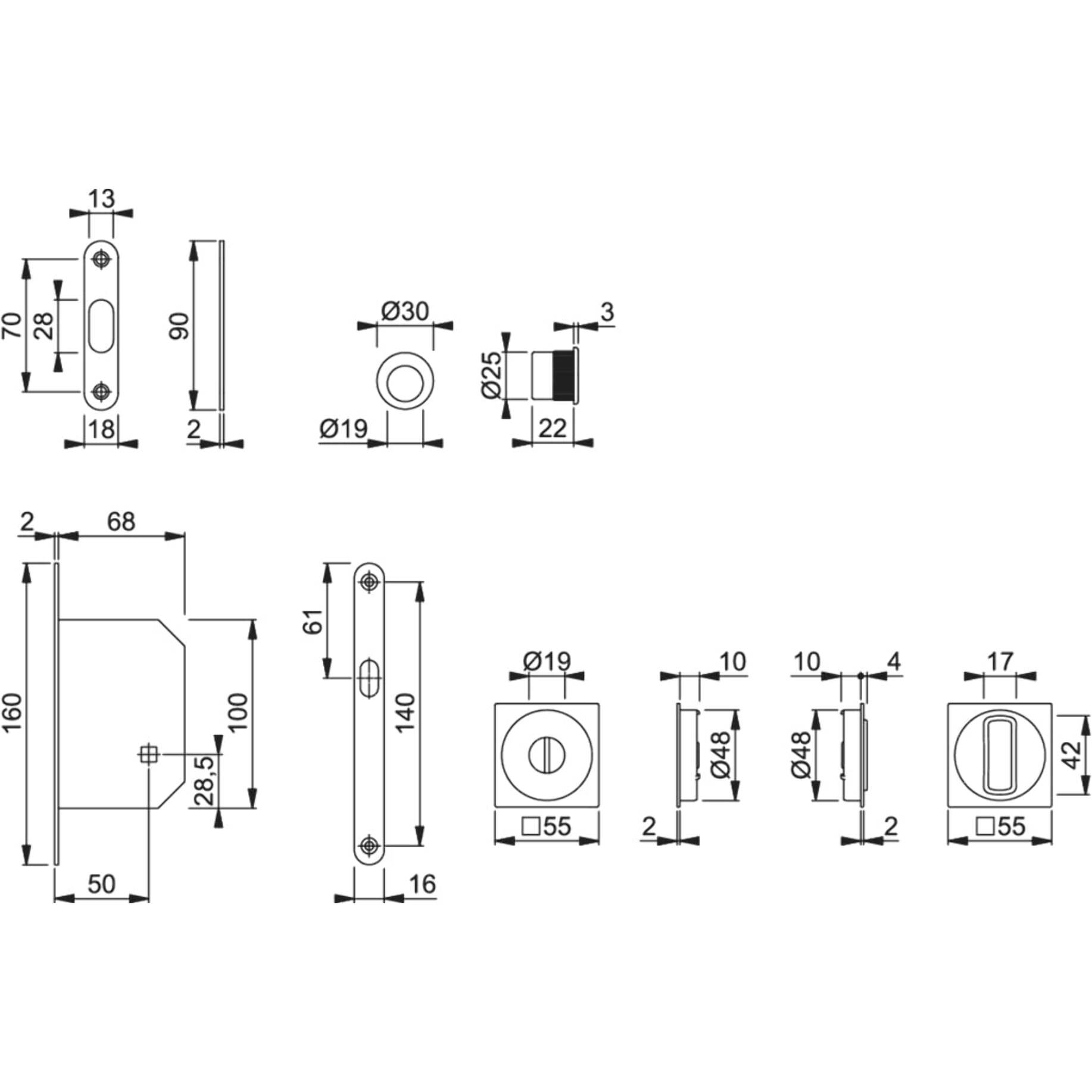 Set 1 aluminium pour porte coulissante 4920 F94-1 carré aspect chromé satiné, aveugle sans gâche, cuvette + doigt - HOPPE - 3948251