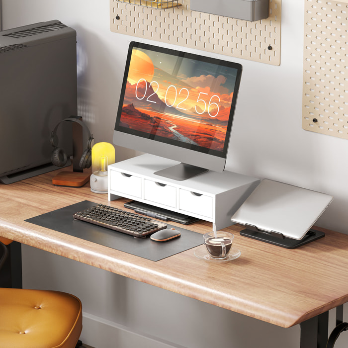 Elevador Monitor, Soporte para Monitor Escritorio con 3 Cajones, para PC, Portátil, Impresoras Pequeñas, 51x24x13 cm, Blanco