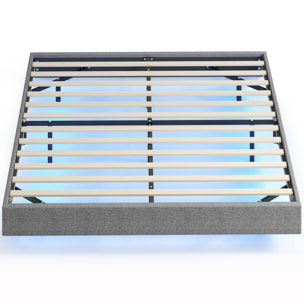 Somier Flotante 160x200 cm con Luces LED, Estructura de Cama, Tapizado en Lino, Láminas de Madera, Silencioso, Fácil de Montar, Gris