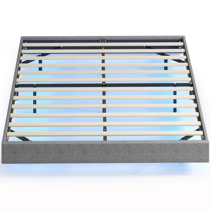 Somier Flotante 160x200 cm con Luces LED, Estructura de Cama, Tapizado en Lino, Láminas de Madera, Silencioso, Fácil de Montar, Gris