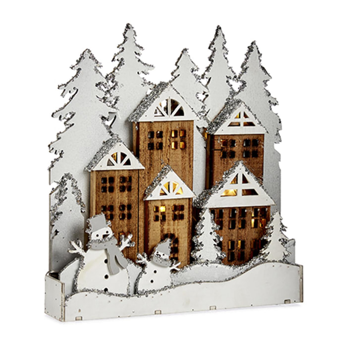 Figura pueblo de madera blanca con nieve.