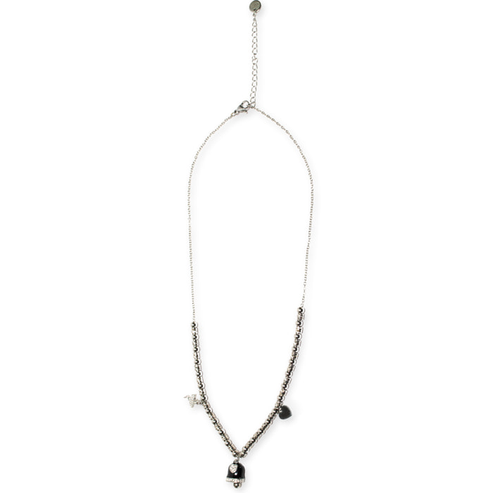 Collana in acciaio silver a sfere con charms nero e strass
