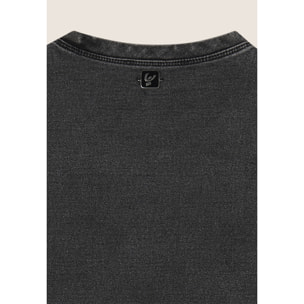 Top cropped effetto denim decorato sulle spalle