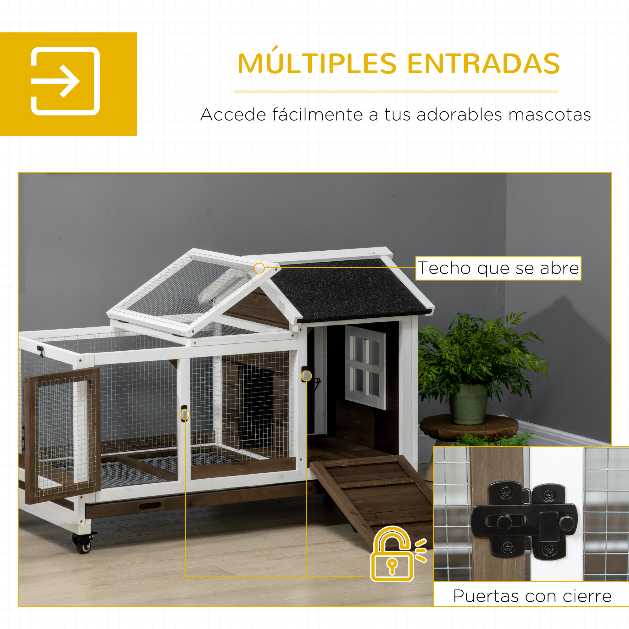 Conejera de Madera con Ruedas 108x58x73,5 cm con Techo Abrible Corral Metálico