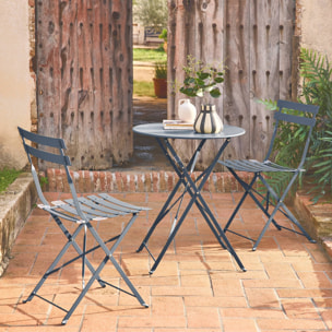 Table de jardin bistrot pliante métal + 2 assises bleu grisé Ø60 x 70cm. acier thermolaqué