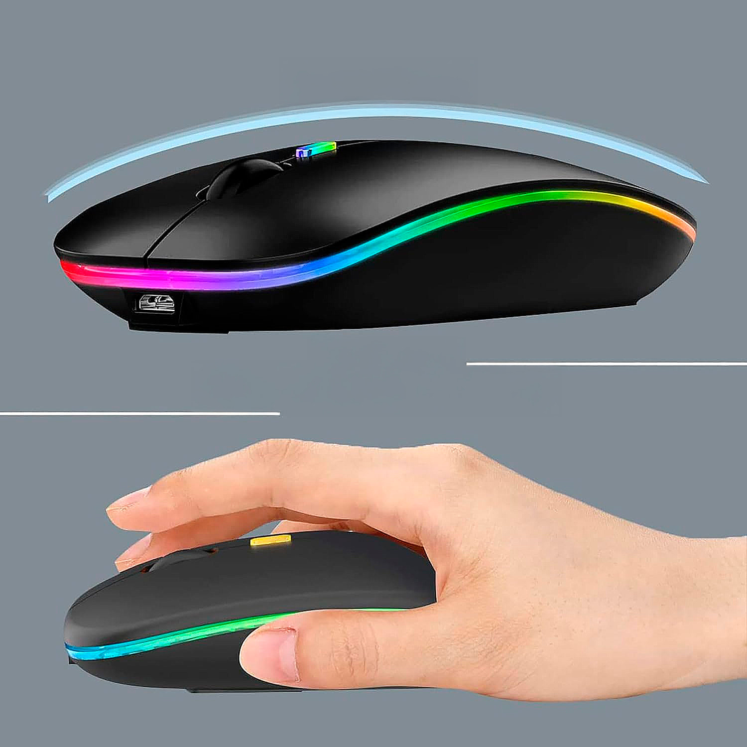 Ratón inalámbrico recargable con conexión Bluetooth y 2.4G, diseño delgado y cómodo con DPI ajustable.