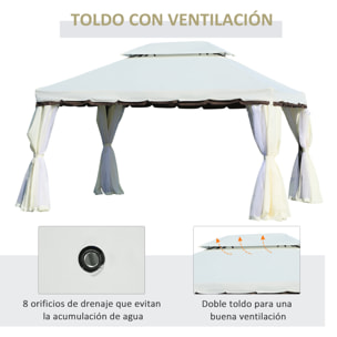 de Jardín 4x3 m, Pabellón de Jardín Gazebo con Doble Techo, 4 Cortinas y Mosquitera, Marco de Aluminio, Orificios de Drenaje, UPF50+, Carpa para Exterior, Terraza, Patio, Blanco Crema