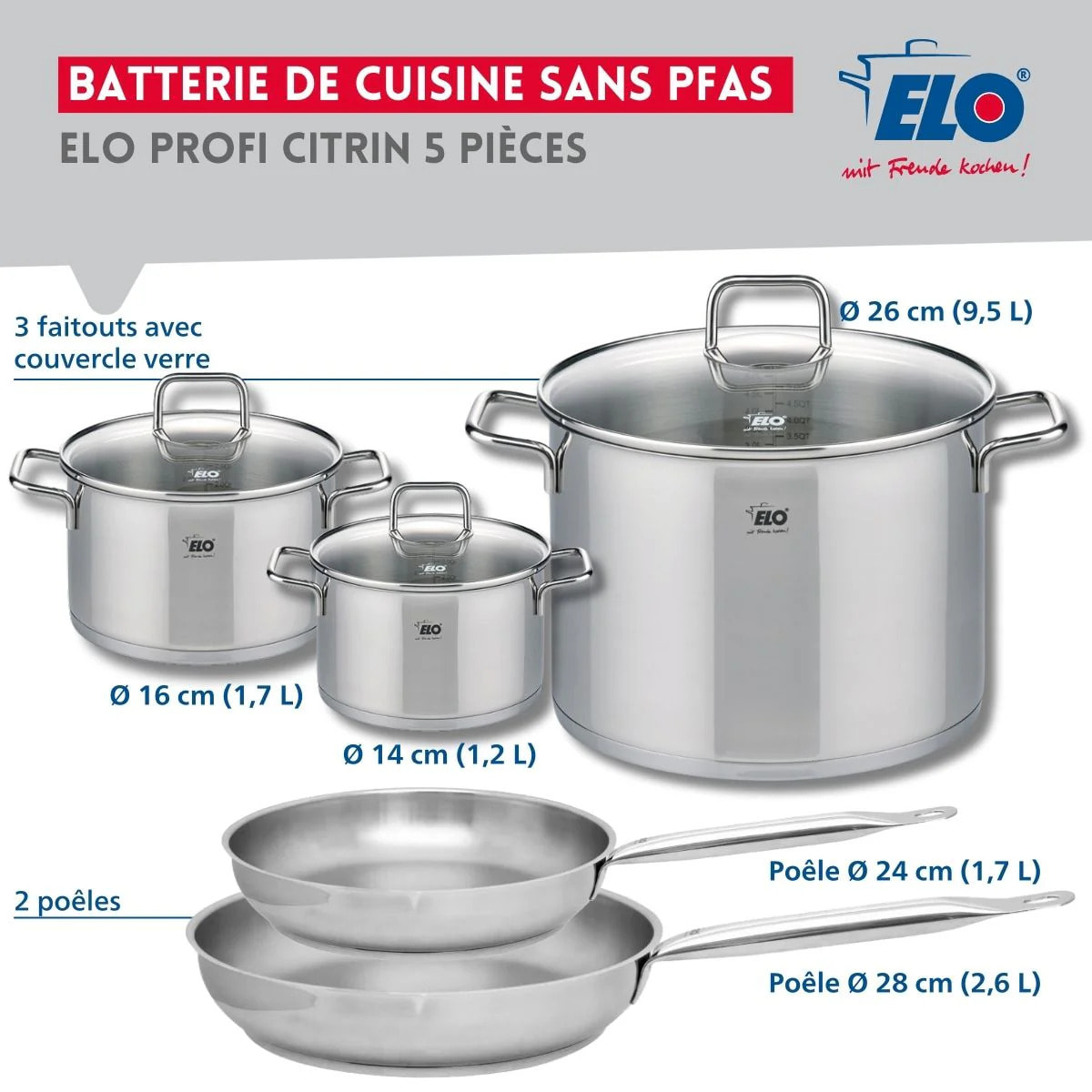 Ensemble de 2 Poêles de cuisson 24 et 28 cm et 3 faitouts 14, 16 et 26 cm Elo Profi Citrin