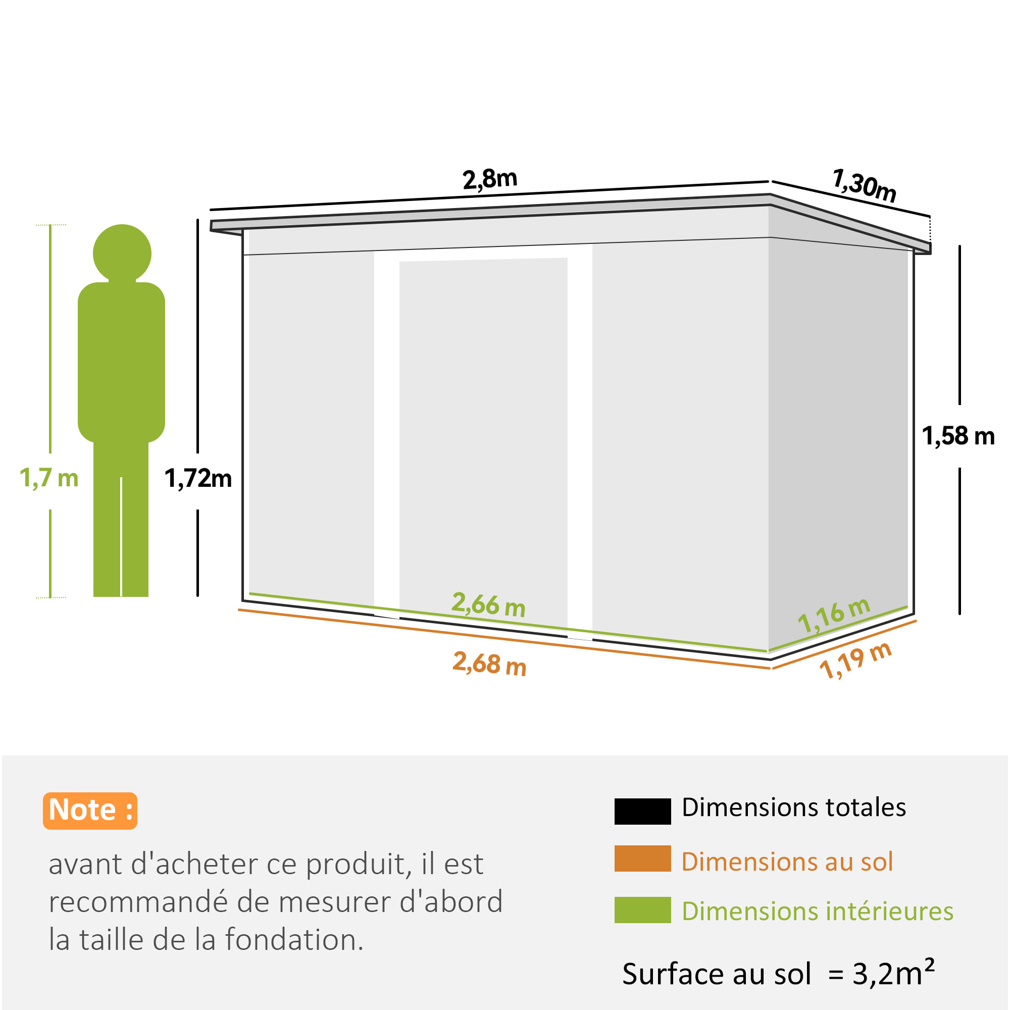 Abri de jardin - remise pour outils - cabanon portes verrouillables - dim. 2,8L x 1,3l x 1,72H m - tôle d'acier vert blanc