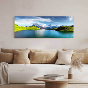 Tableau panoramique lac alpin turquoise et sommets enneigés été Toile imprimée