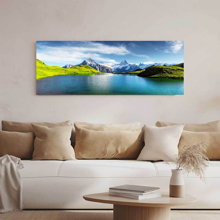 Tableau panoramique lac alpin turquoise et sommets enneigés été Toile imprimée