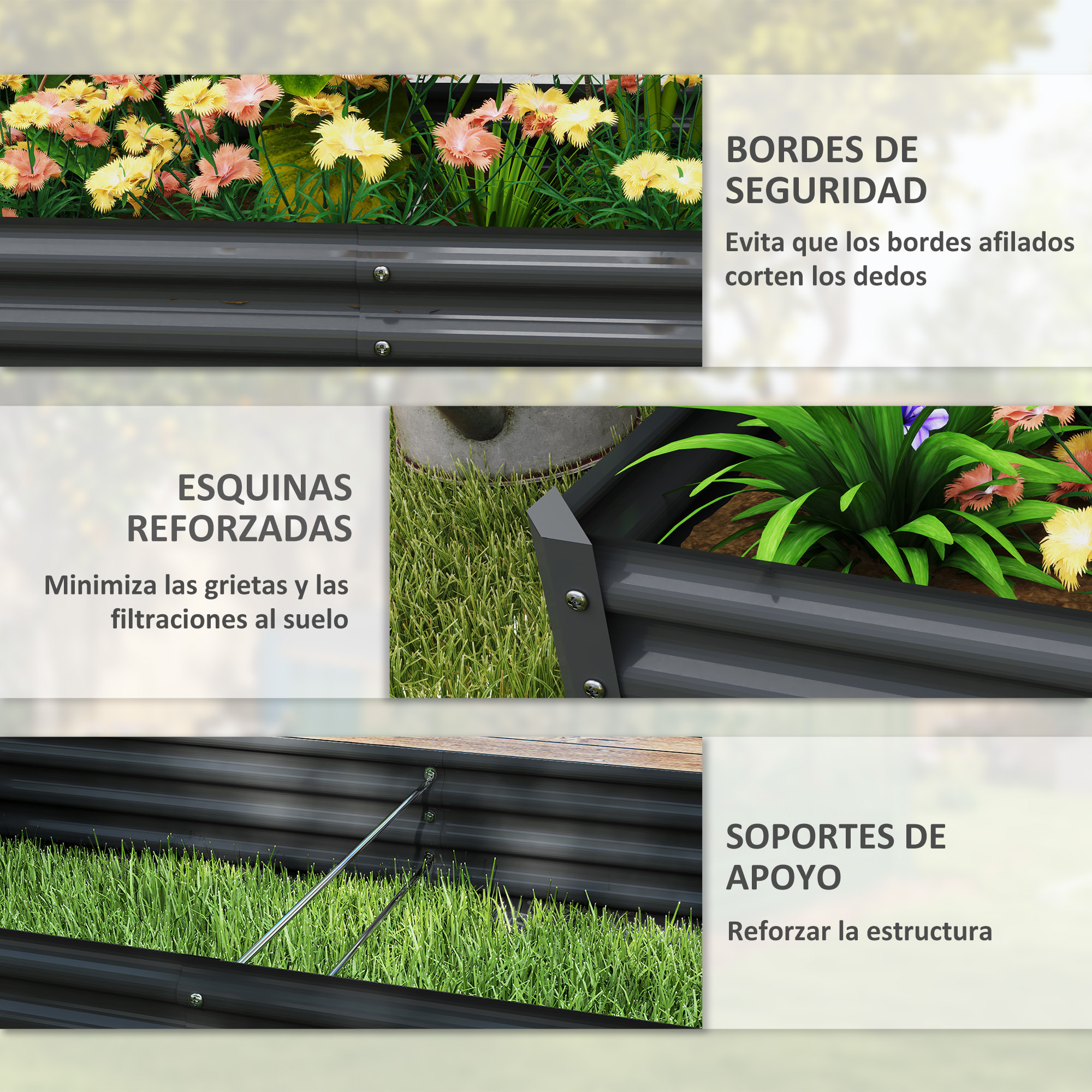 Jardinera Elevada de Acero Galvanizado Huerto Urbano para Cultivar Plantas Flores Hierba Macetero Grande Exterior Rectangular con Fondo Abierto 180x90x30 cm Gris Oscuro