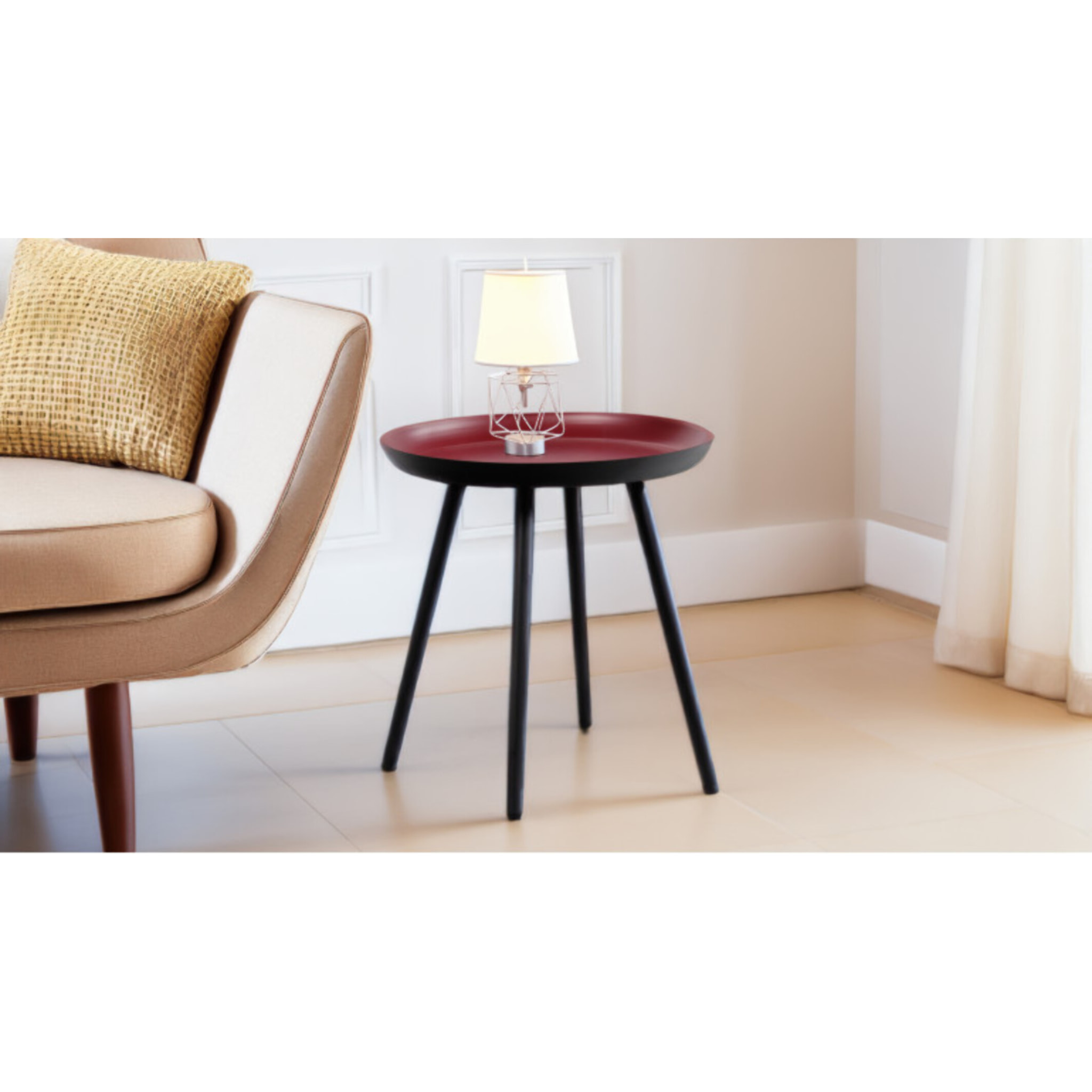 Bout de canapé rond avec plateau creux en métal rouge et noir - SOUFIO