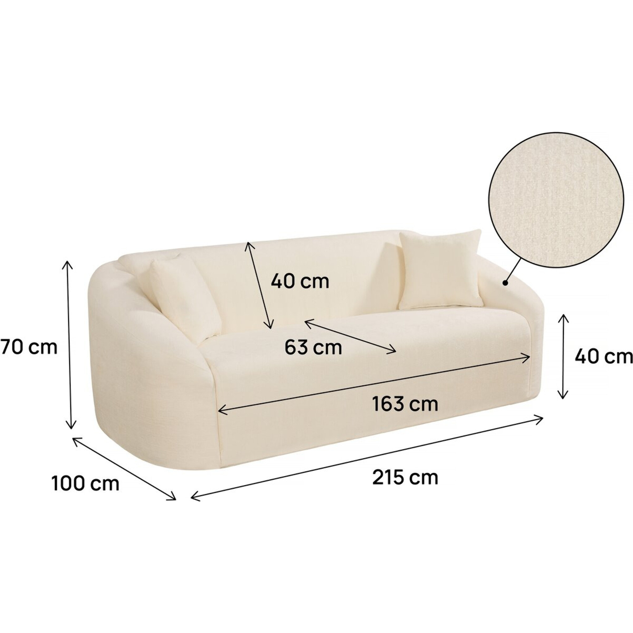 Canapé droit fixe en tissu "Ondine" - 3 places - Beige