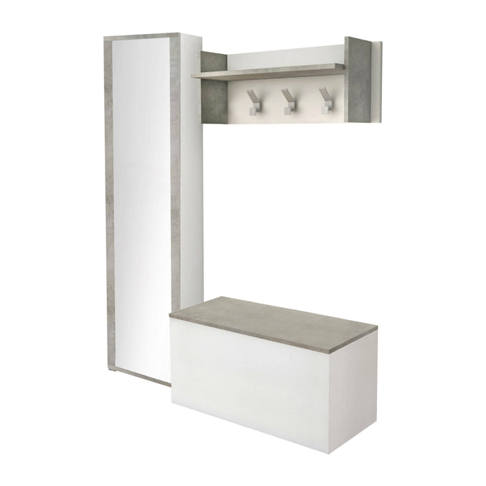 Mobile da ingresso Tanzanite, Entratina moderna con appendiabiti, Mobile con scarpiera, Armadietto con specchio, Cm 50x32h182, Bianco e Cemento