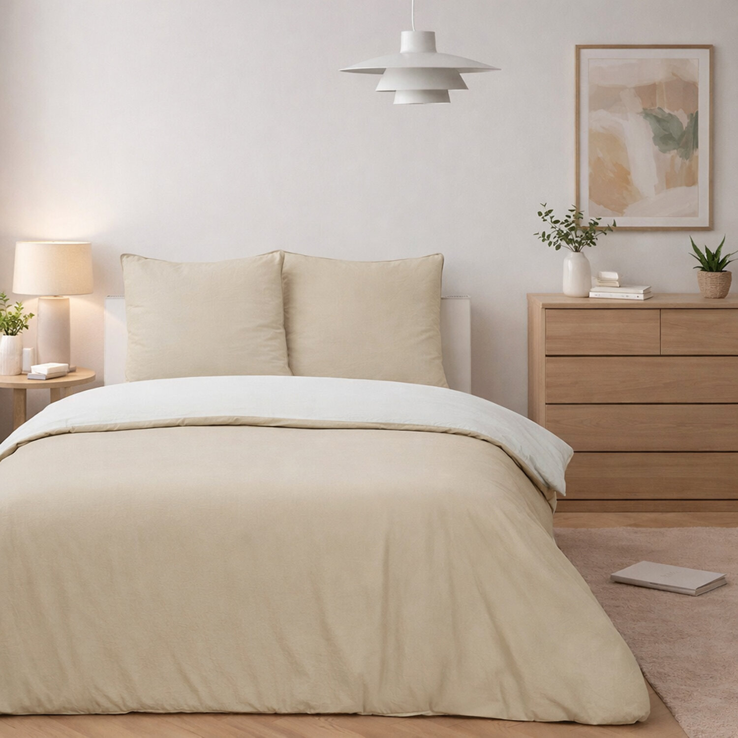 Parure housse de couette + taie(s) 100% coton lavé - vicky bicolore blanc beige