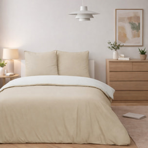 Parure housse de couette + taie(s) 100% coton lavé - vicky bicolore blanc beige
