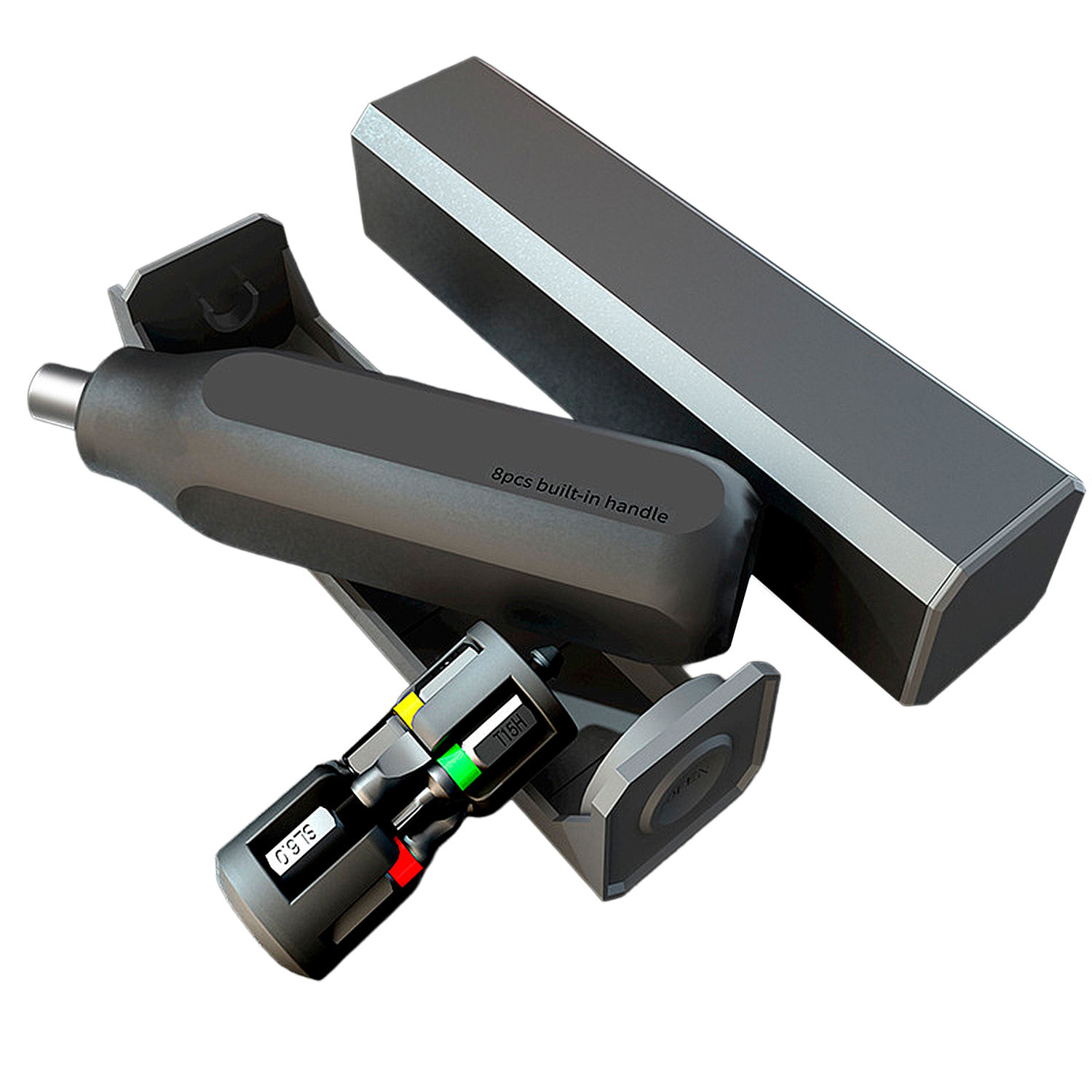 Destornillador multifunción 8 en 1 con carcasa de aluminio puntas magnéticas y compartimento trasero para puntas.