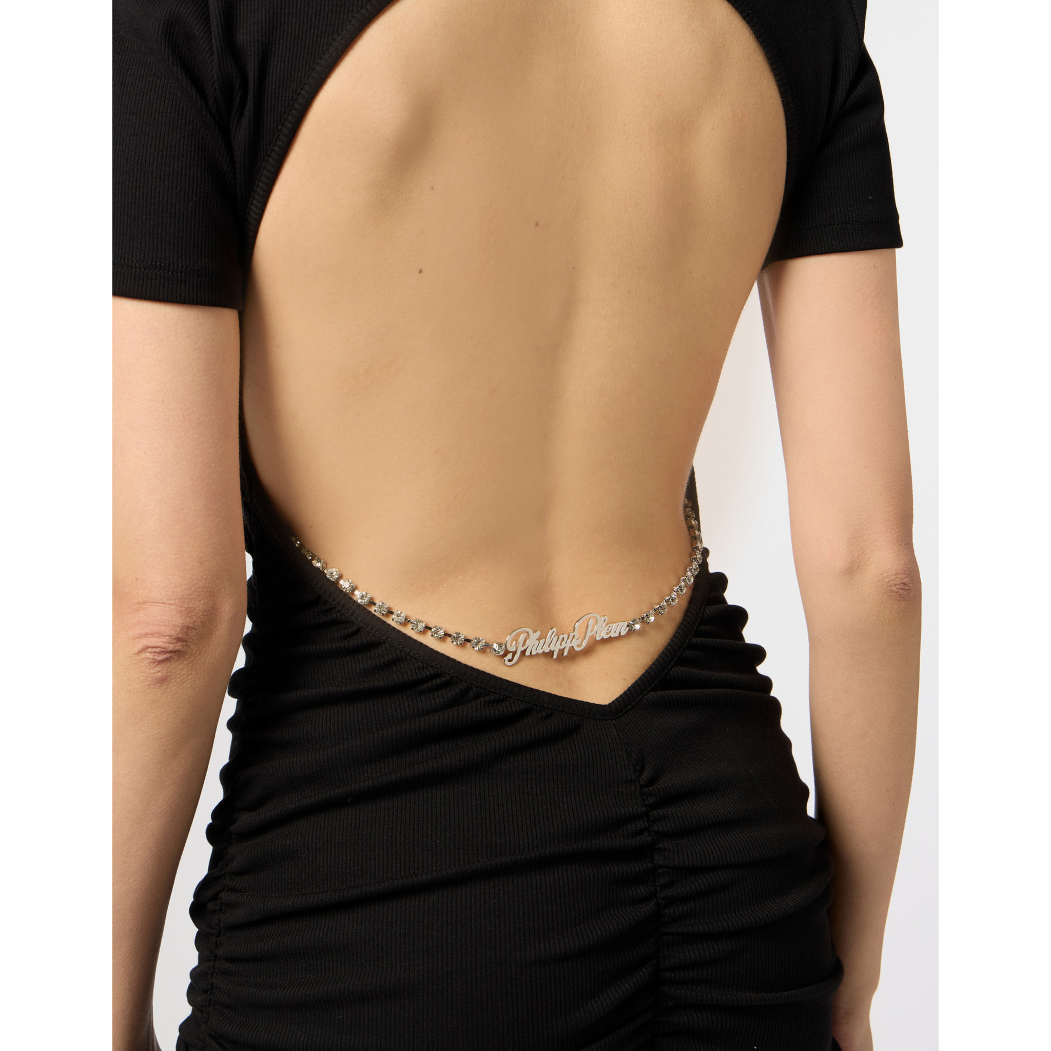 PHILIPP PLEIN Open Back Maxi T-Shirt Dress Signature Pendant Signature
