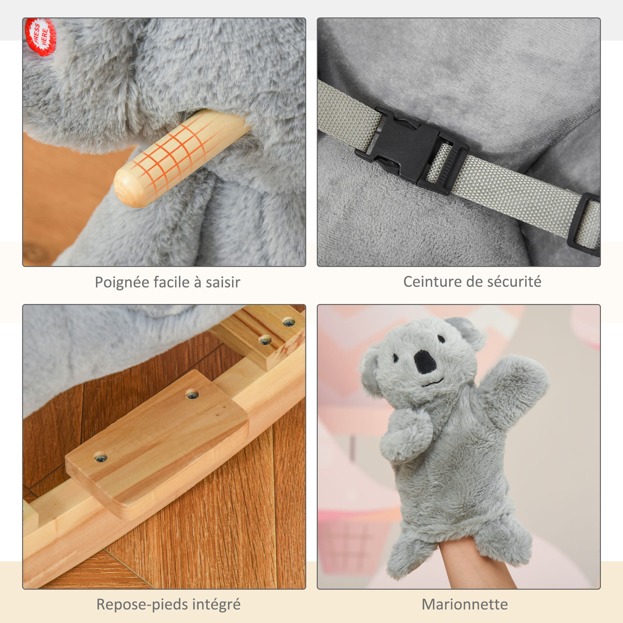 Jouet à bascule koala avec marionnette - effet sonore rugissement - fauteuil intégré, ceinture de sécurité - bois peuplier peluche courte polyester gris