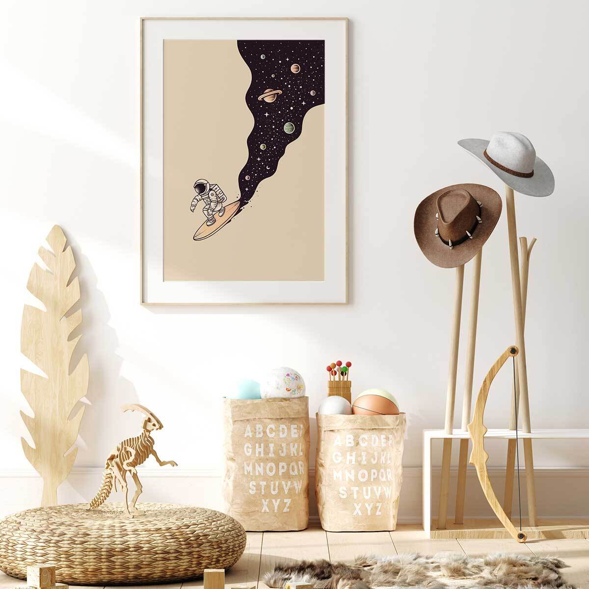 Affiche enfant longboard en cosmos  Affiche sous cadre bois