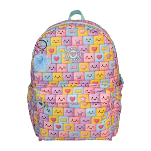 Zaino Americano Blin Blin Faces. Comparto per laptop. Schienale e spallacci regolabili e imbottiti. Con accessorio pom pom.