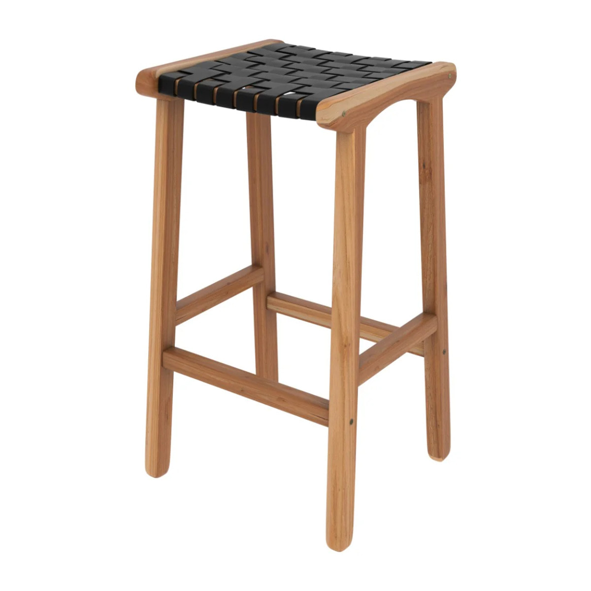Tabouret pour îlot central 68 cm en teck et cuir tressé noir - Kuna