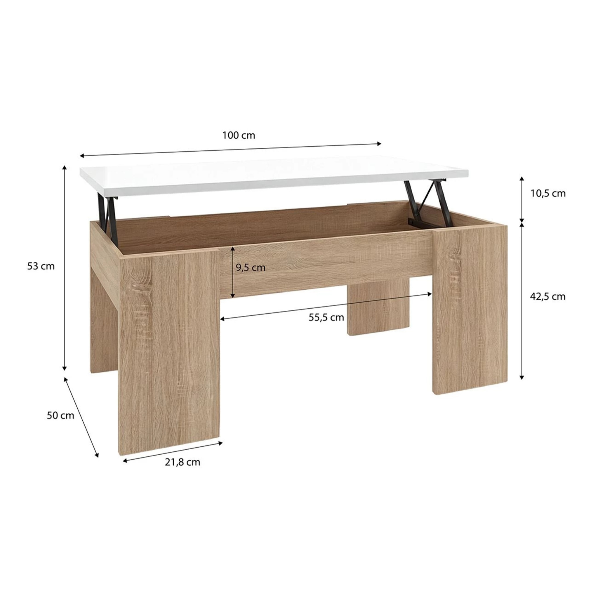 Mesa de centro elevable con almacenaje en roble canadian y blanco artik 100x45-56 cm Vita Roble Canadian - Blanco Artik (Blanco Mate)