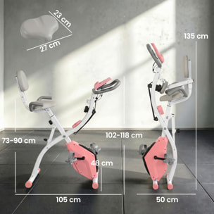 Vélo d'appartement pliant 8 niveaux de résistance magnétique dossier selle réglable poignées ergonomiques écran LCD multifonction suspensions support tablette acier rose blanc