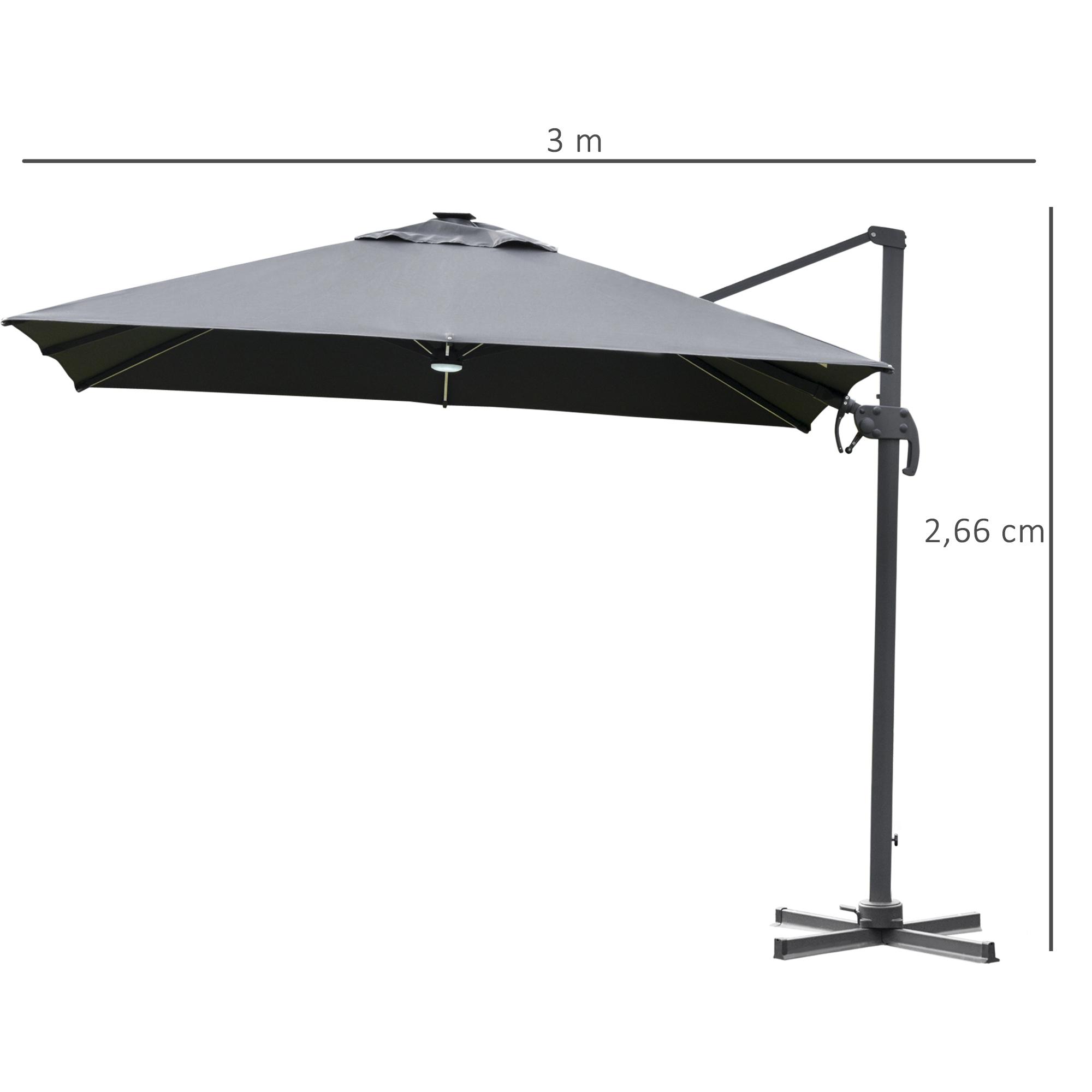 Parasol déporté carré parasol LED inclinable pivotant 360° manivelle piètement acier dim. 3L x 3l x 2,66H m gris