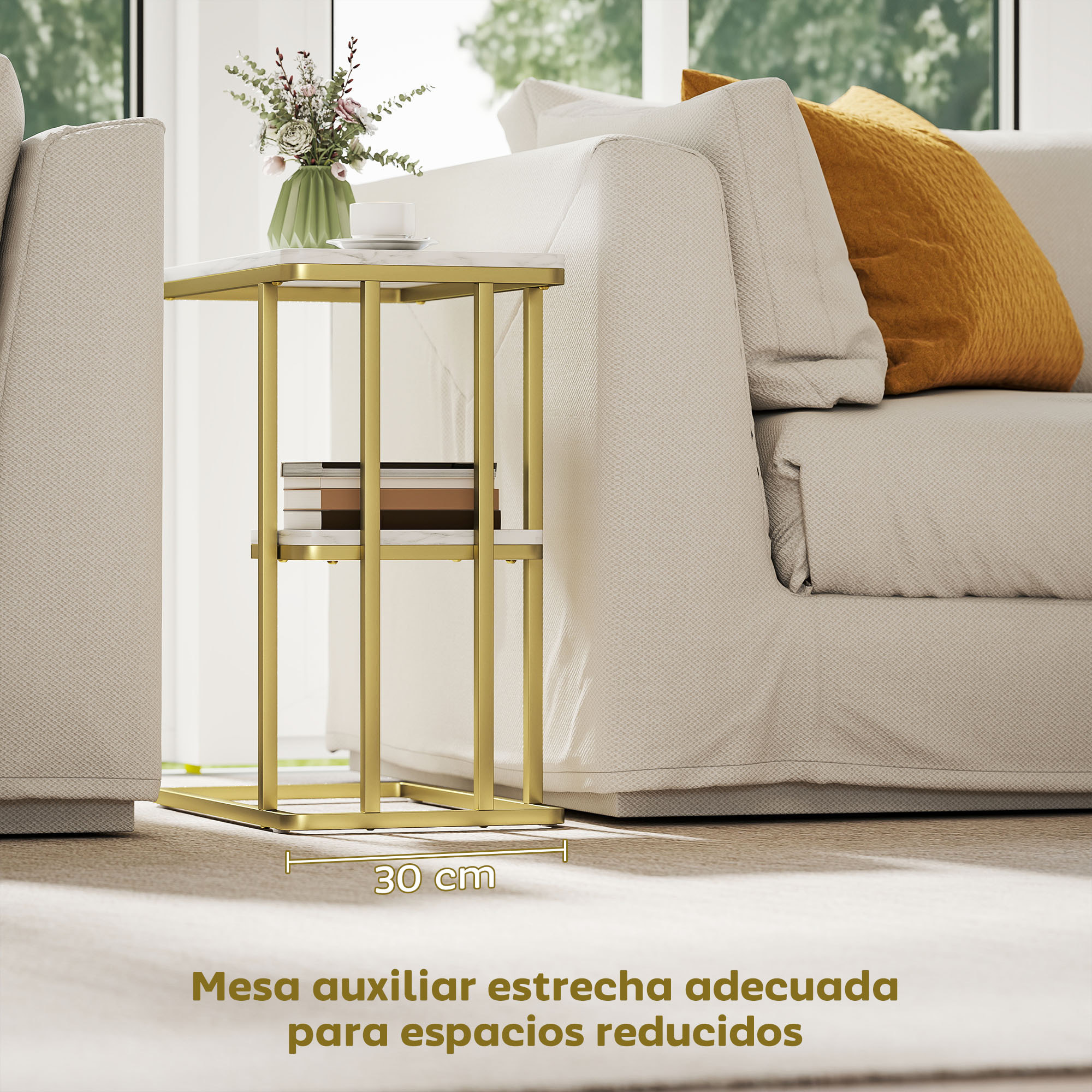 Mesa Auxiliar Estructura en C, Mesita Auxiliar Estrecha de 2 Niveles con Estante, Mesita de Noche Moderna Para Espacios Pequeños, Salón, Dormitorio, 50x30x57,5 cm, Blanco Efecto Mármol