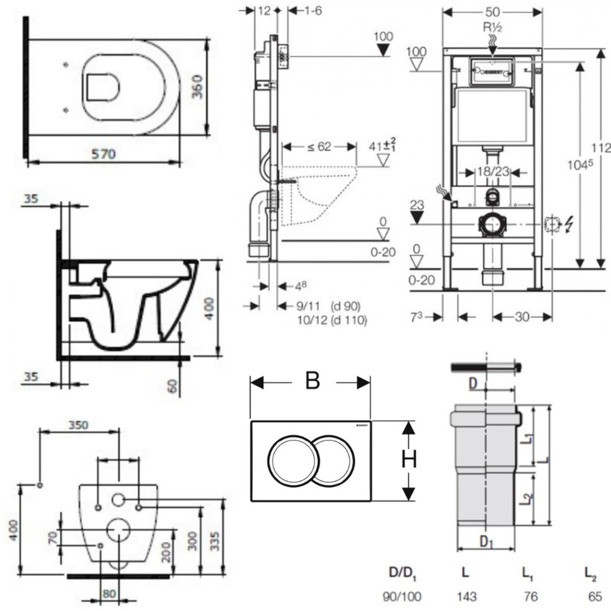 Pack WC Bati-support Geberit UP100 + WC sans bride Livea Bello + Abattant softclose + Plaque Blanc alpin ( Livea BelloGeb1)
