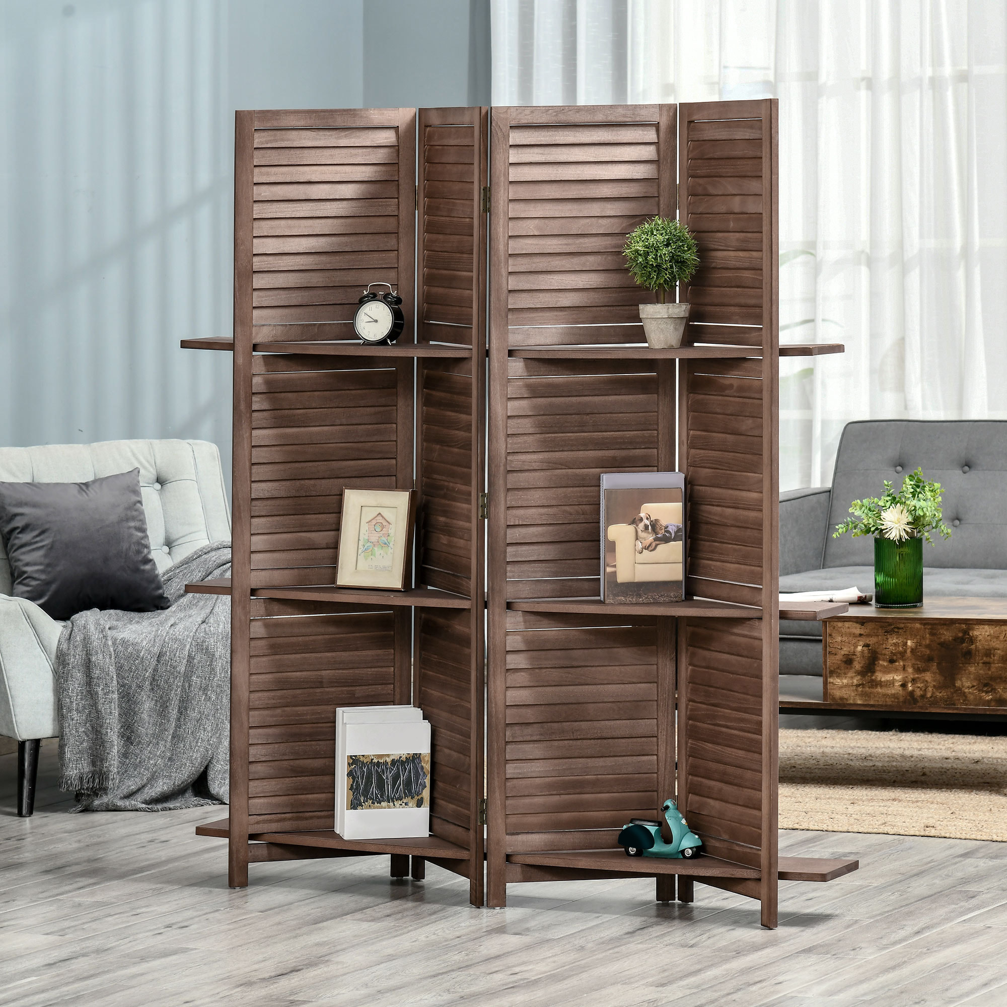 Biombo Plegable de 4 Paneles de Madera, 162x170 cm, Biombo Separador de Ambientes con 3 Estantes, Diseño de Persianas, Decoración para Dormitorio, Salón, Nogal
