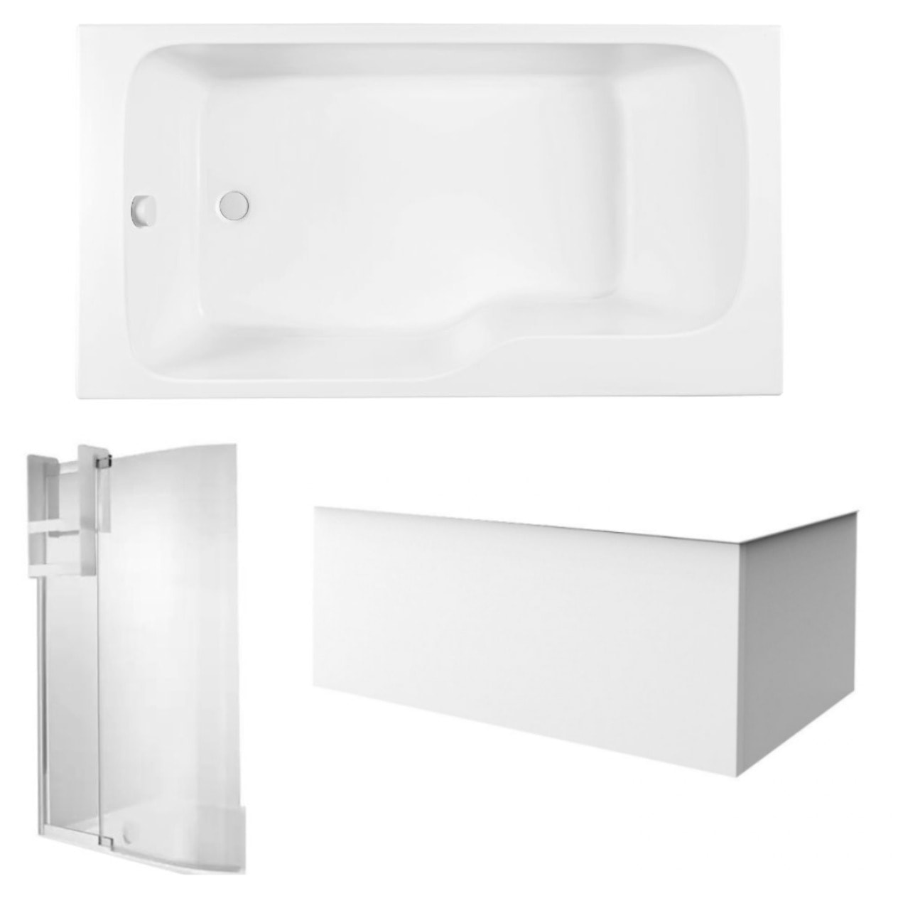 Pack baignoire bain douche 160 x 85 Malice version gauche blanc mat + tablier en angle + pare bain + étagère