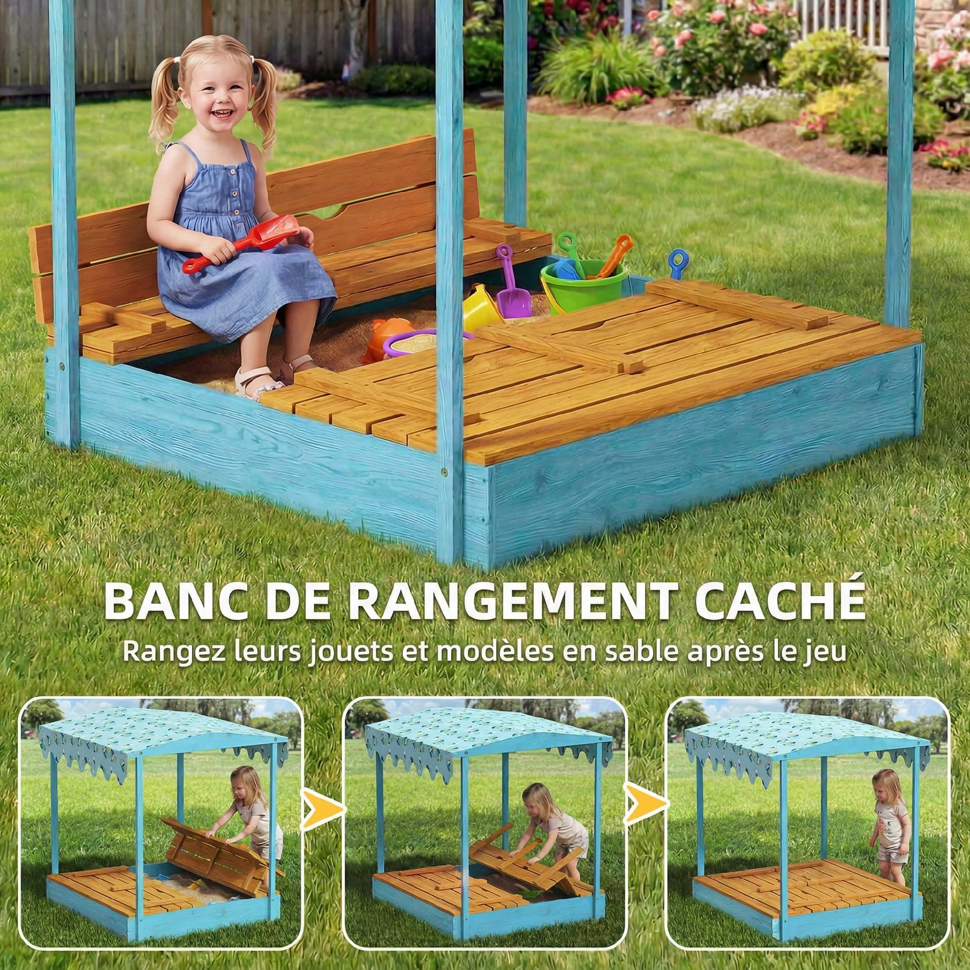 Bac à sable enfant couvercle siège pliable auvent bois bleu