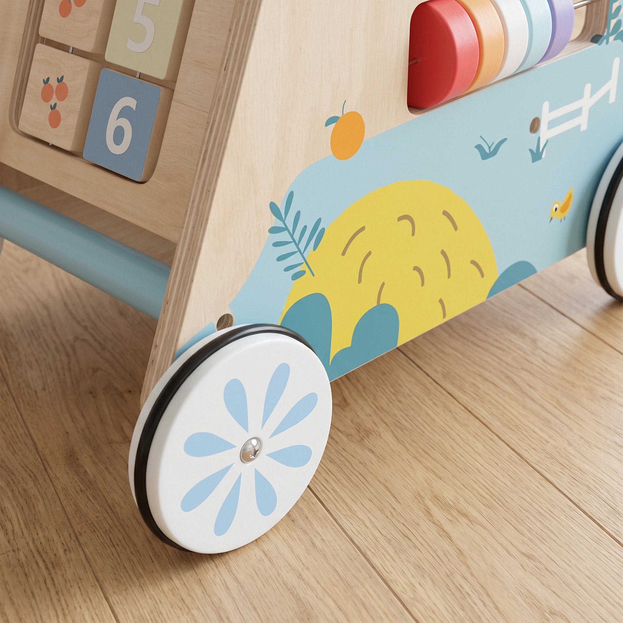 Chariot de marche en bois trotteur bébé avec tableau d'activités
